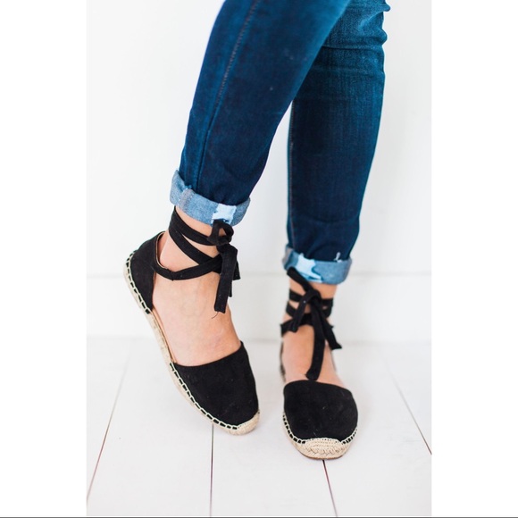 espadrilles black flats wrap up sandals - Picture 2 of 5